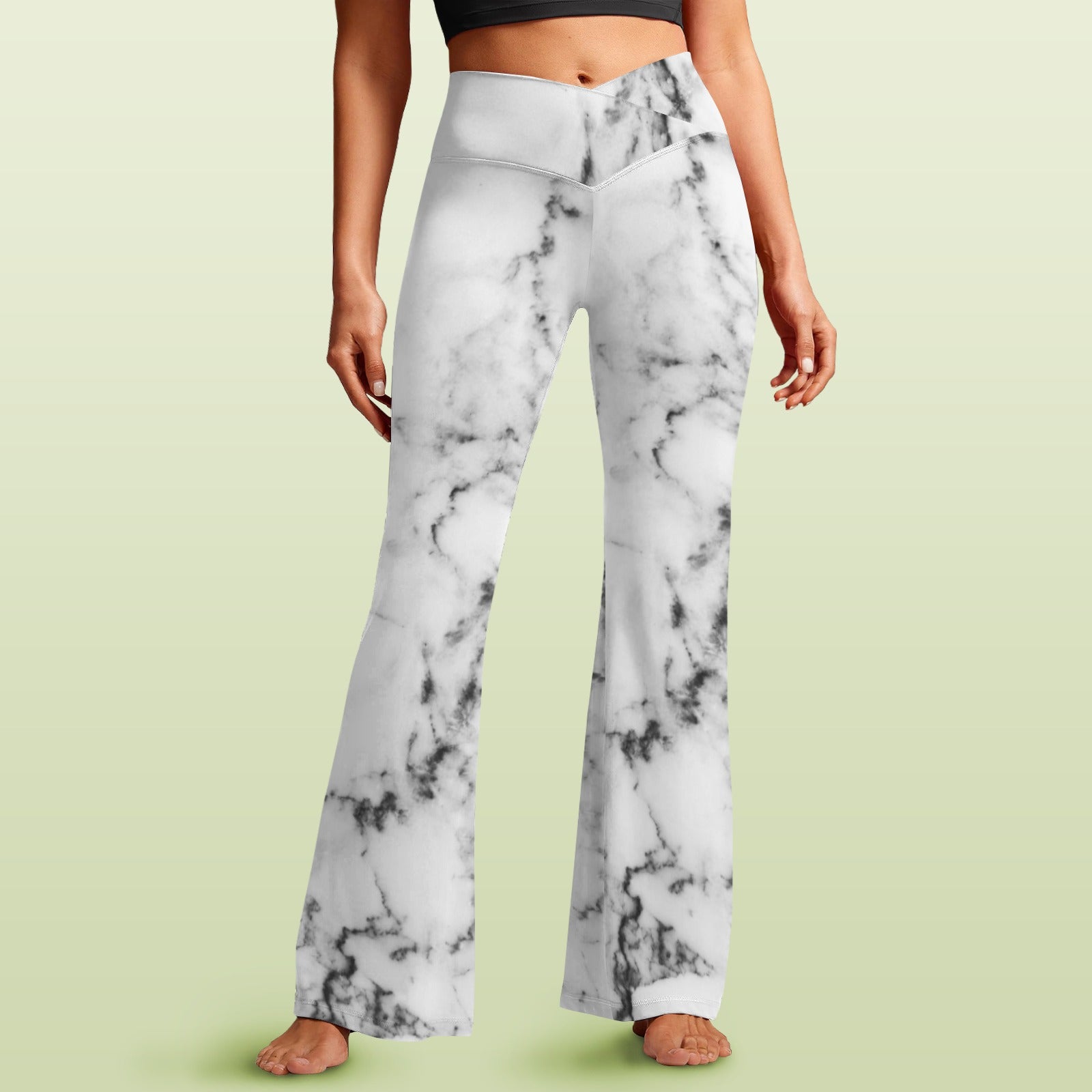 Women's V-Crossover High Waisted Flare Leggings white marble wall texture