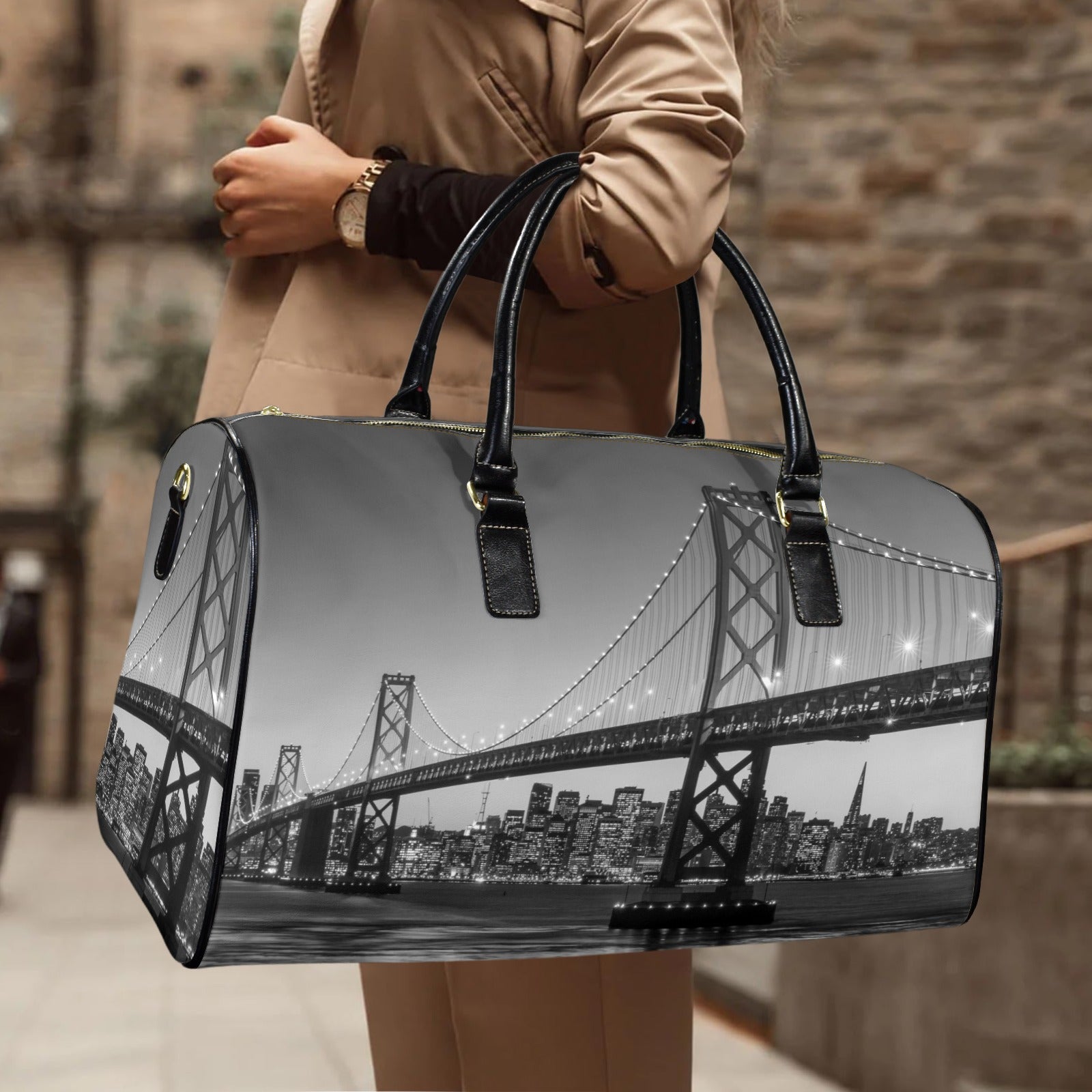 San Francisco Skyline and Bay Bridge Travel Bag-Large (Black Short Patch) (Model 1735)